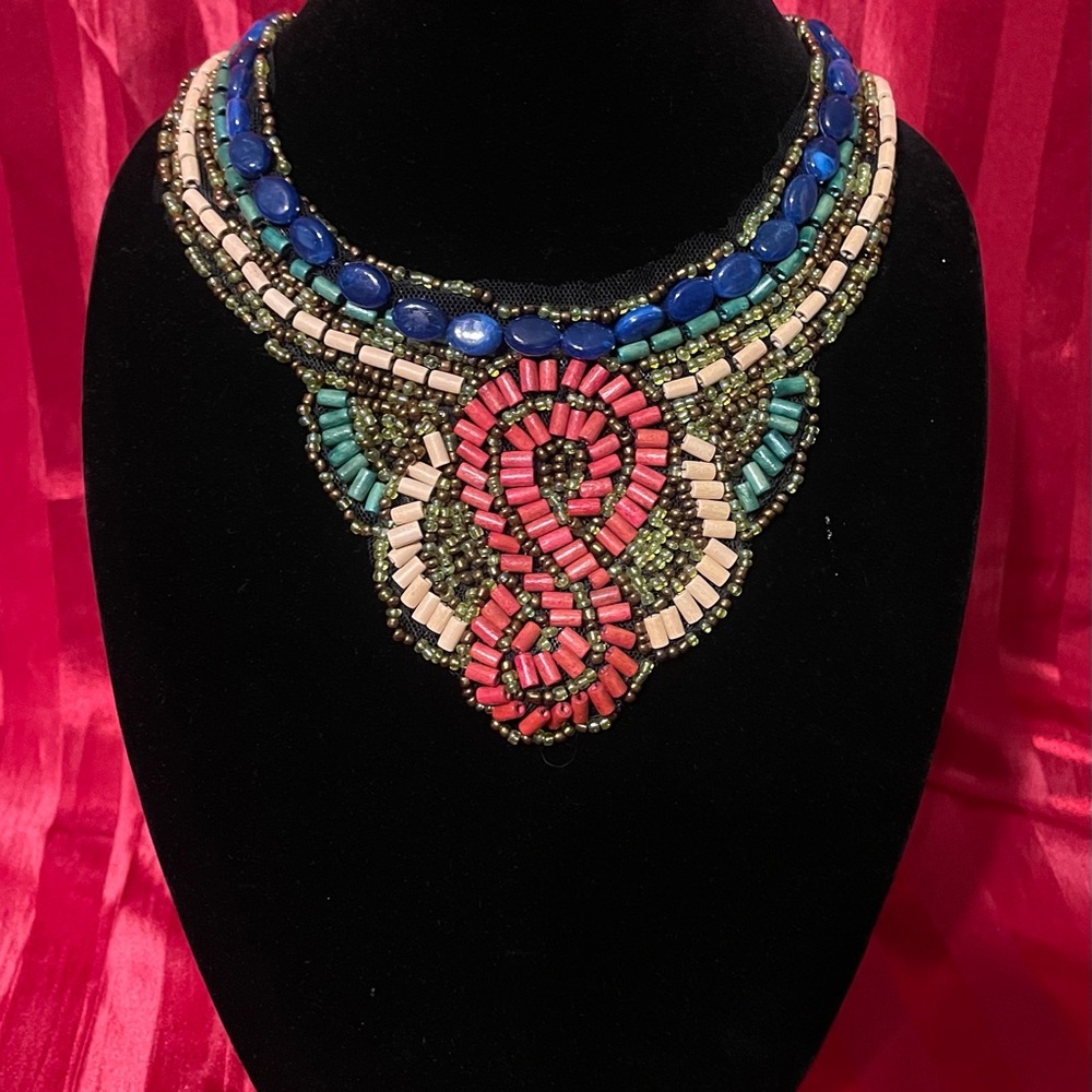 Bohemian-Style Beaded Multicolor Statement Bib Necklace - Pink, Blue & Green